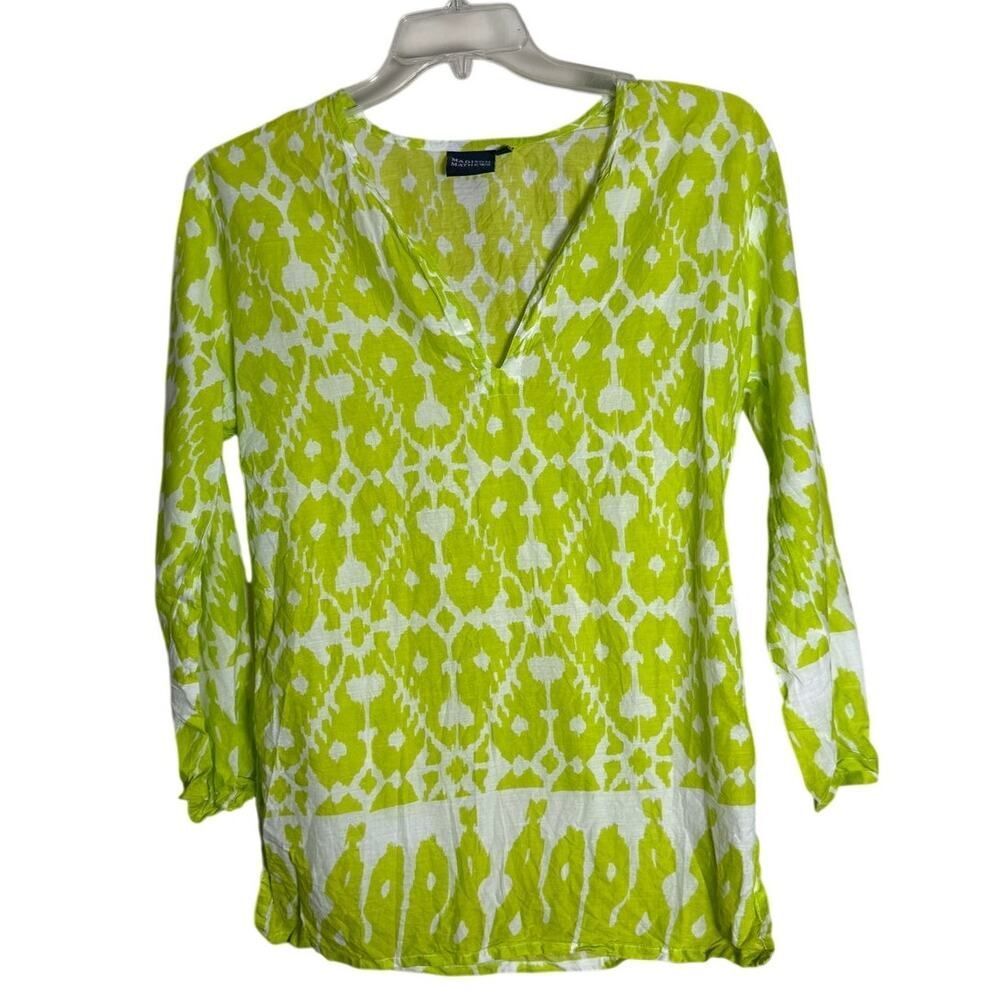 Madison Mathews Lime Green White Ikat Tunic Top Sz. S